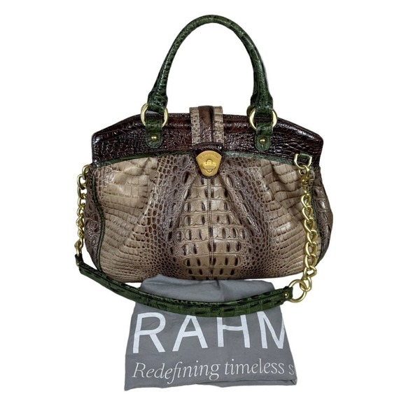 Brahmin Adora Tri Color Mocha Truffle Emerald Green Leather Satchel - Picture 1 of 16